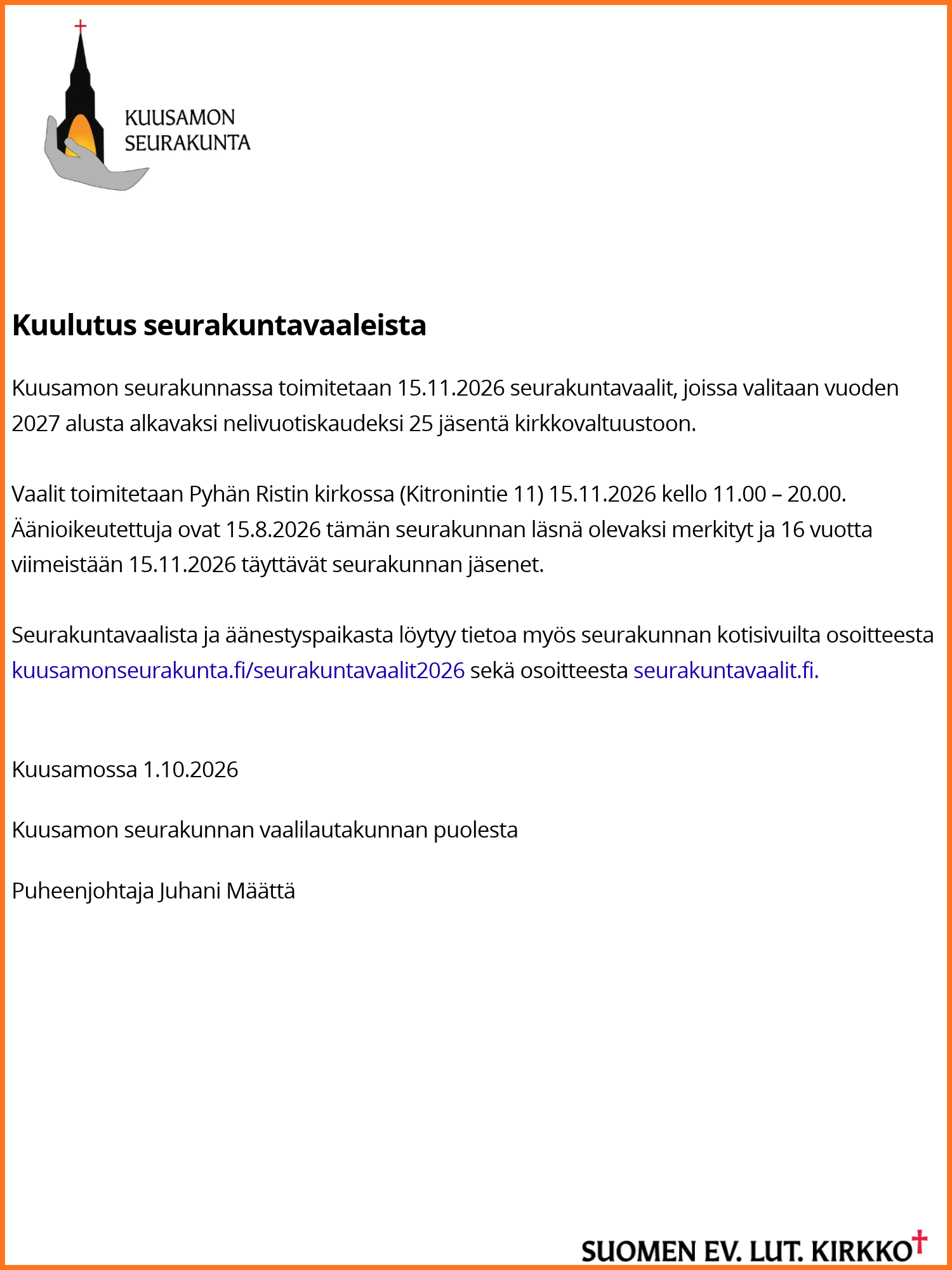Kuulutus seurakuntavaaleista