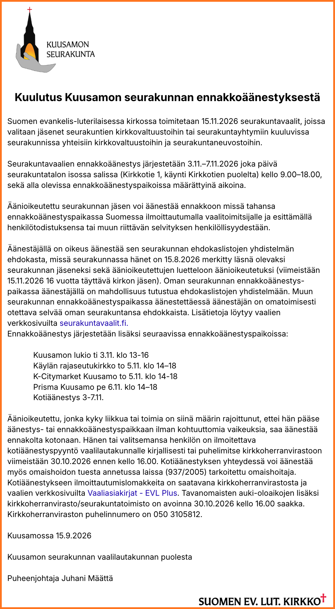Kuulutus Kuusamo seurakunnan ennakkoäänestyksestä.png