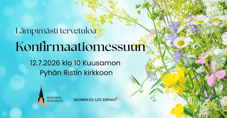 Kuvassa oikeassa laidassa niittykukista tehty kimppu. Vasemmalla laidalla teksti.