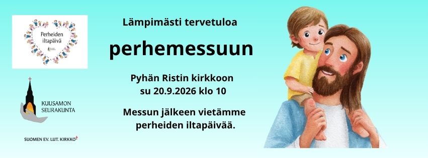 Kuvassa oikealla puolella Jeesus ja hänen harteillaan pieni lapsi. 