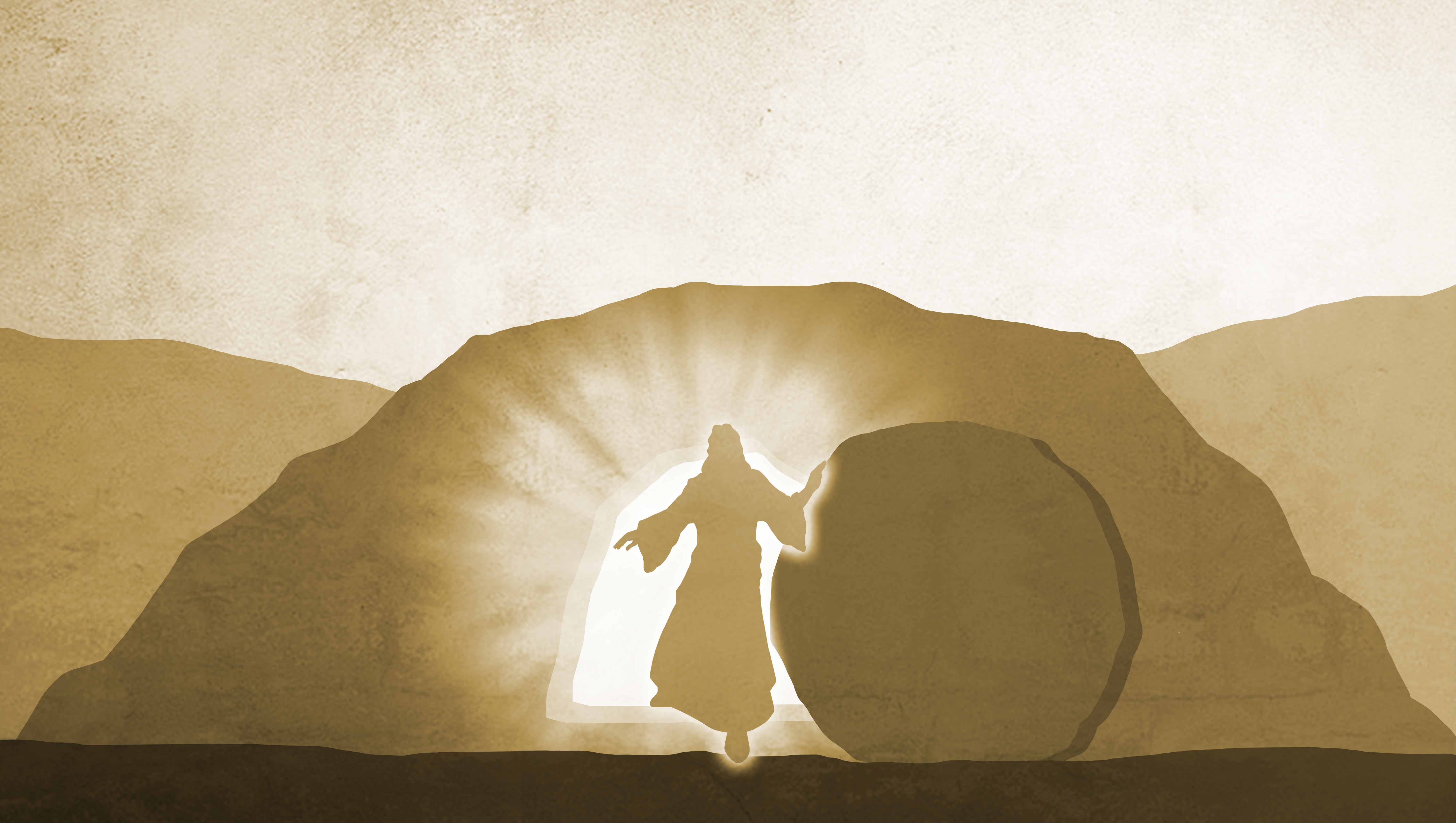 Jeesus tulee ulos haudasta, haudan sisältä tulee valoa.